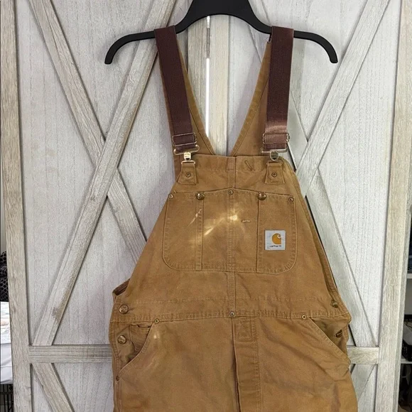 Thrashed vintage 80s or 90s carhartt unlined beige double knee duck overall bibs